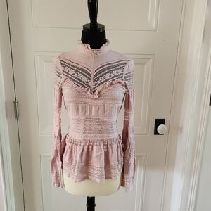 Parker Pink Mock Neck Smocked Ruffled Bell Sleeve Blouse